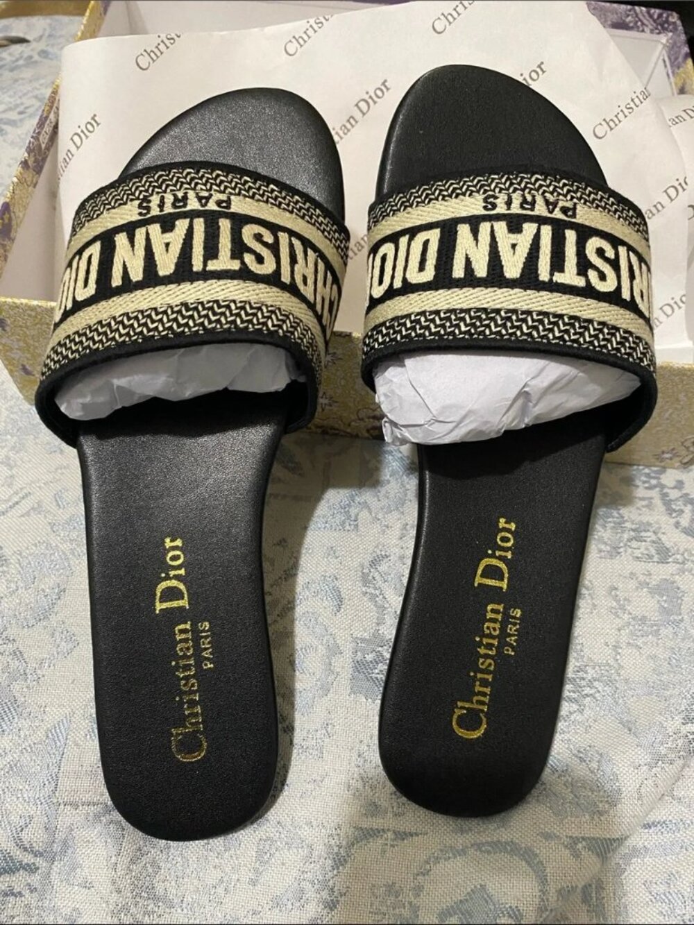 Christian Dior Contrast Border Logo Embroidered Slip On Flat Slide Sandals